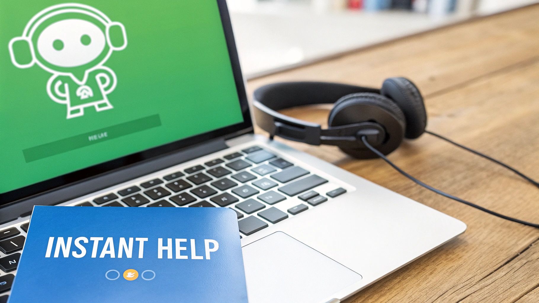 A laptop displaying an AI chatbot, headphones, and an "Instant Help" booklet on a wooden desk.