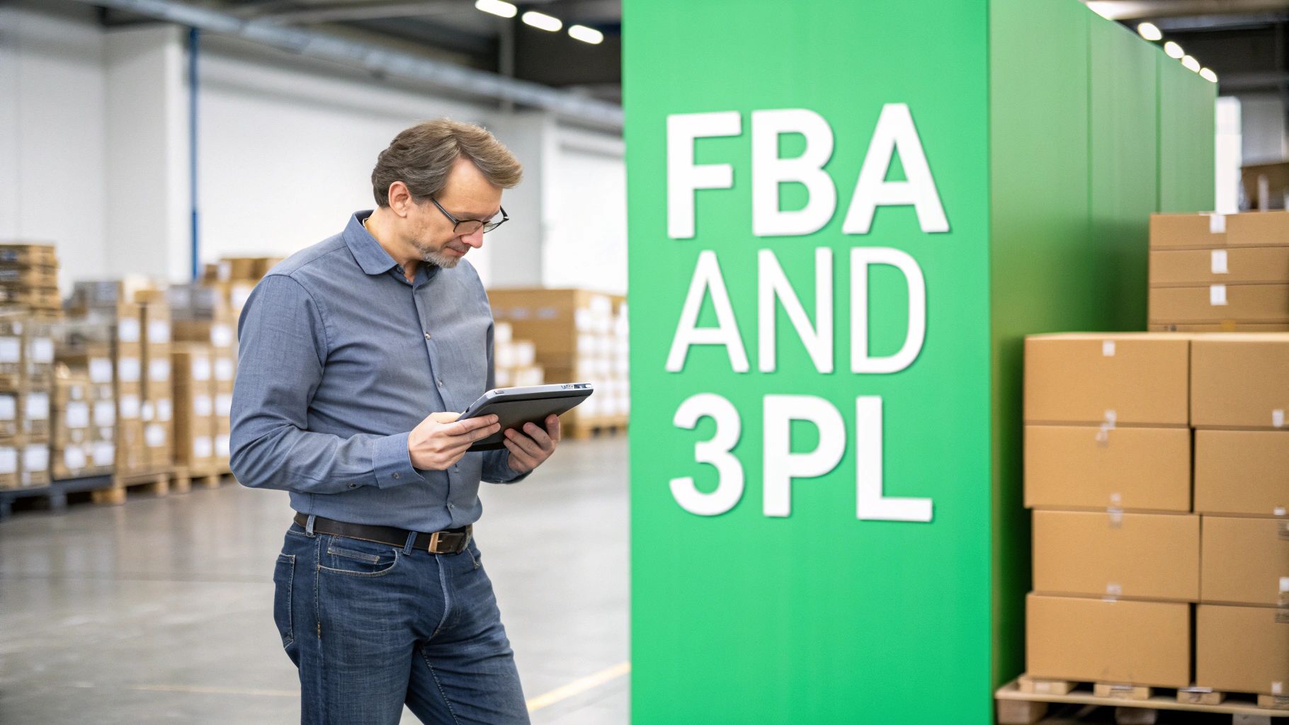 Logistics manager reviews inventory on a tablet in a warehouse with FBA and 3PL signage.