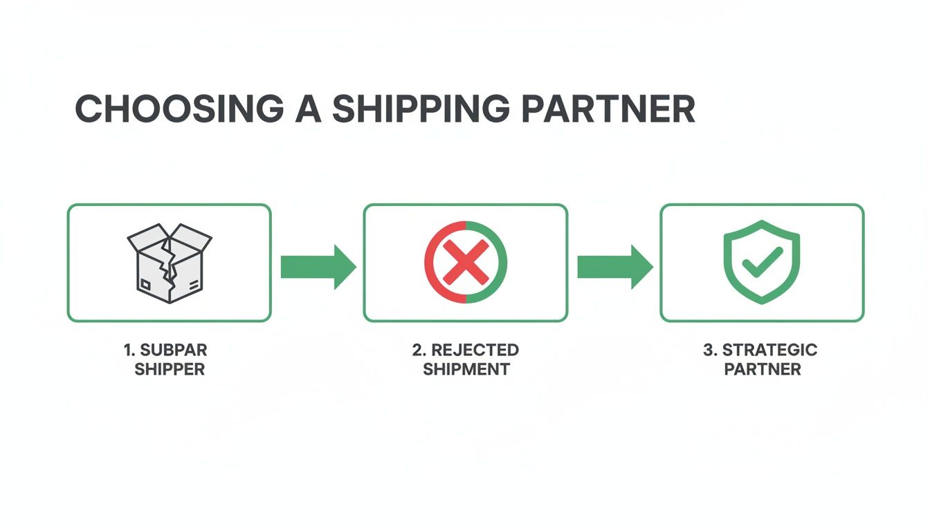 Flowchart illustrating choosing a shipping partner, from subpar to a strategic partner, avoiding rejected shipments.