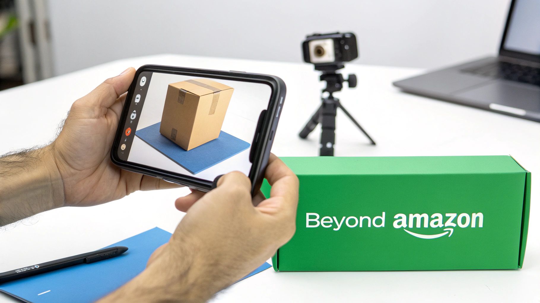 Hands hold a smartphone displaying a 3D model of a cardboard box, next to a 'Beyond Amazon' package.