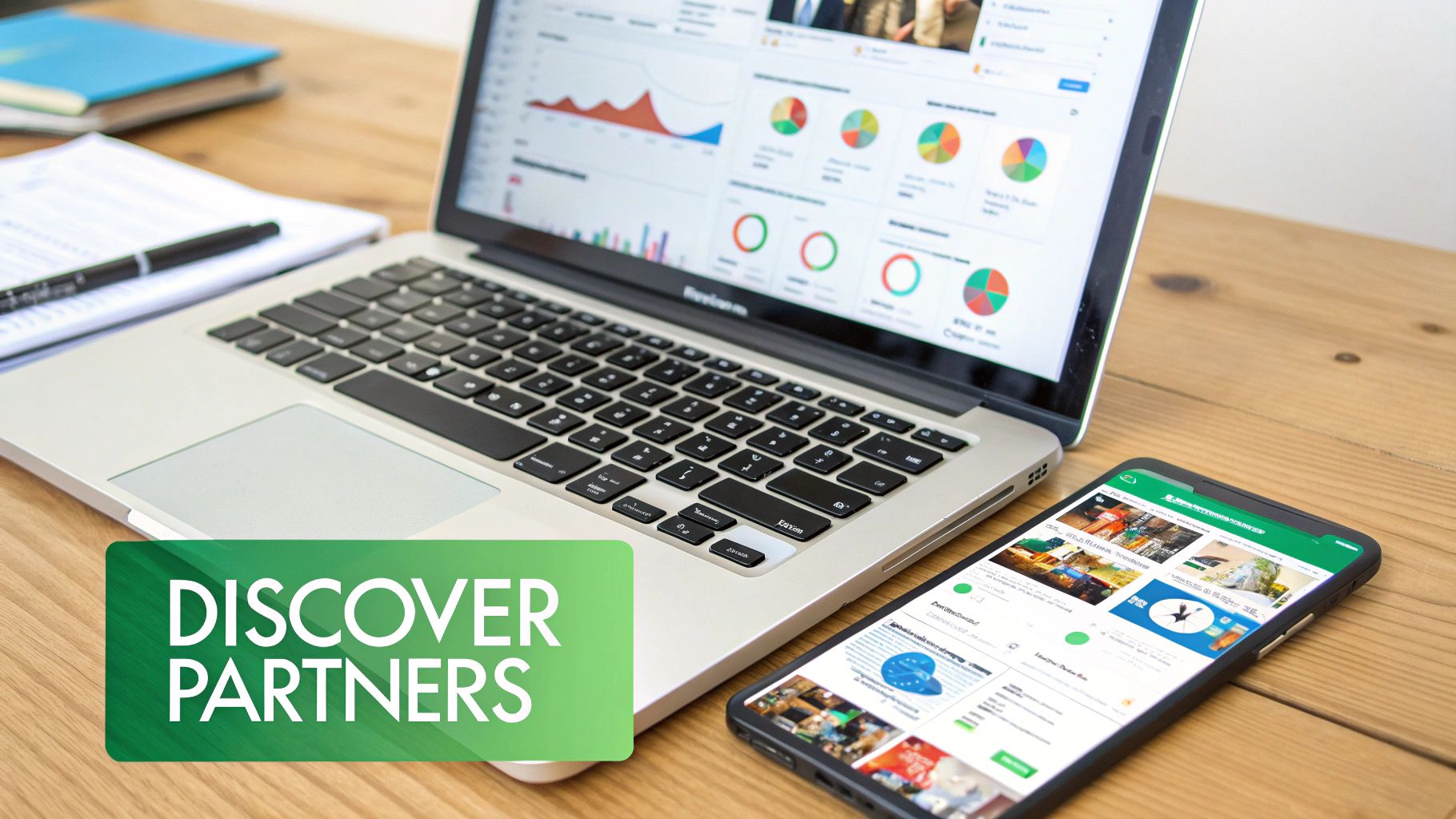 A laptop and smartphone on a wooden desk displaying data charts and a 'DISCOVER PARTNERS' banner.