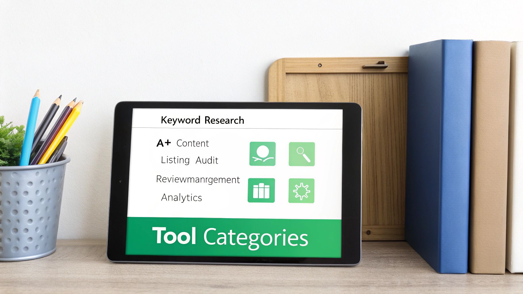 A tablet displaying Amazon listing optimization tools like keyword research, A+ content, audit, and analytics on a desk.