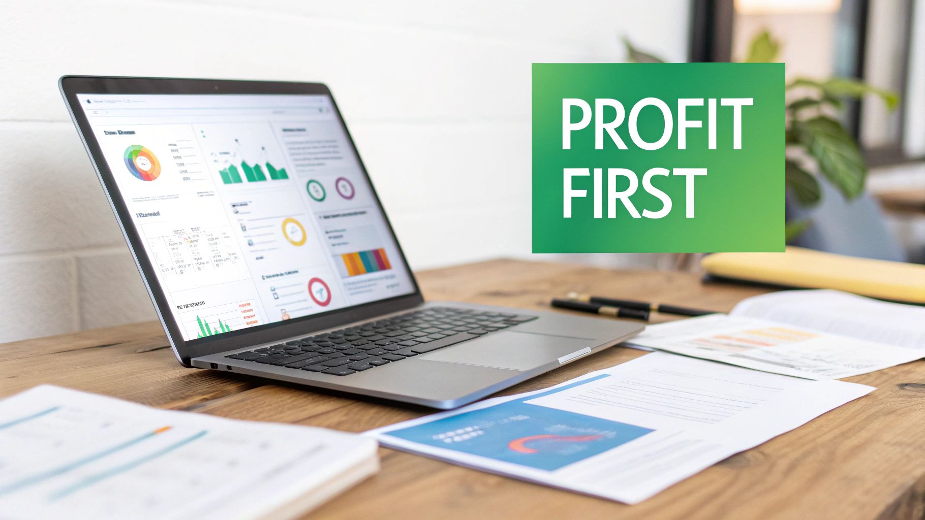 A laptop displaying business dashboards, documents, and a 'PROFIT FIRST' sign on a wooden desk.