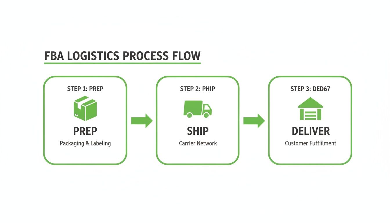 FBA logistics process flow diagram showing three steps: Prep, Ship, and Deliver goods.