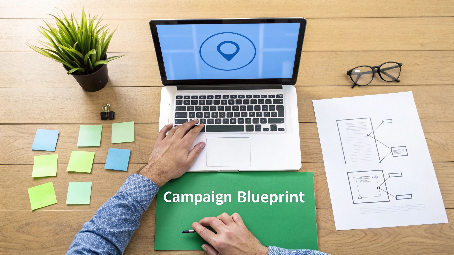 Overhead view of a person working on a laptop and 'Campaign Blueprint' document, surrounded by planning notes.