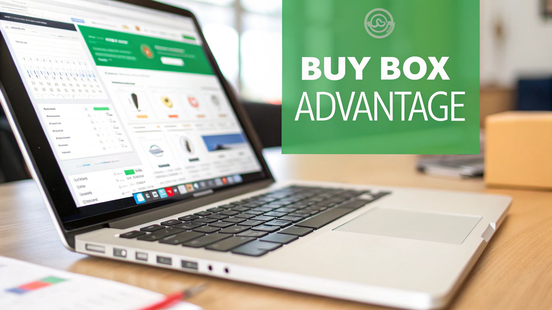 A laptop screen displays an e-commerce dashboard with 'BUY BOX ADVANTAGE' on a green overlay.