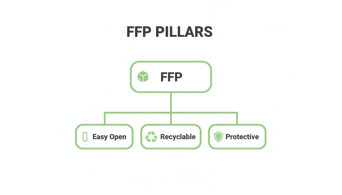 Diagram illustrating the FFP (Frustration-Free Packaging) pillars: Easy Open, Recyclable, and Protective.