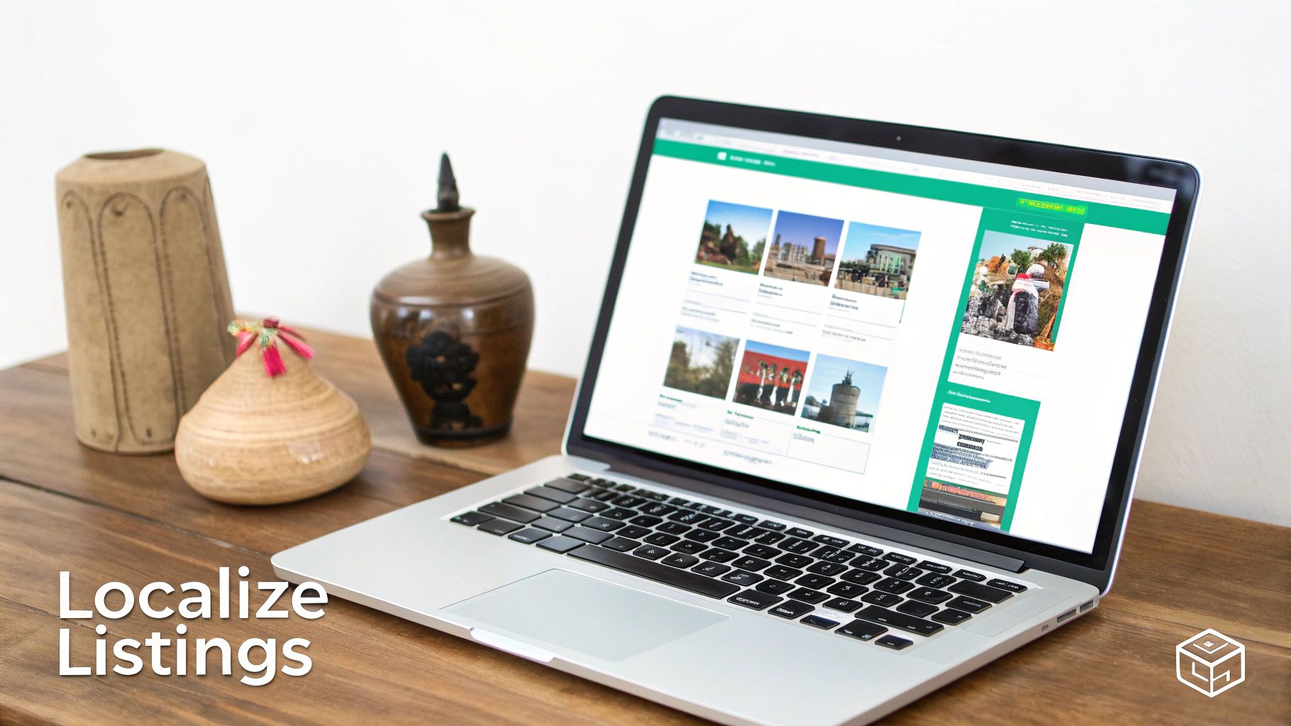A laptop on a wooden table displaying a website with various localized listings and images.