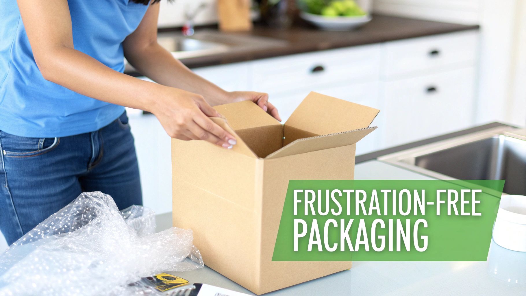 A person in blue opens a brown cardboard box on a kitchen counter, with bubble wrap nearby.