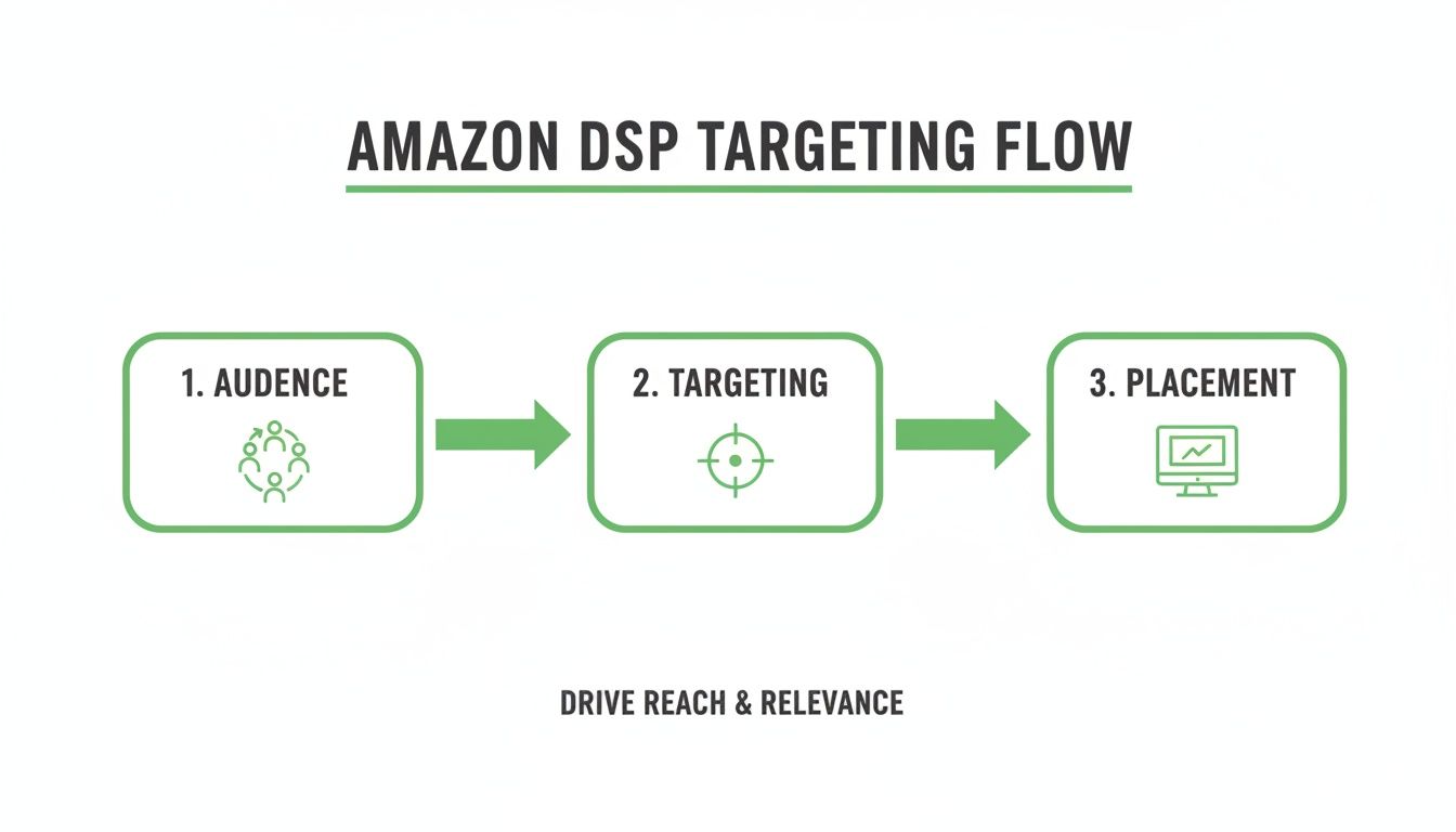 Flowchart illustrating the Amazon DSP targeting process: Audience, Targeting, and Placement for reach and relevance.