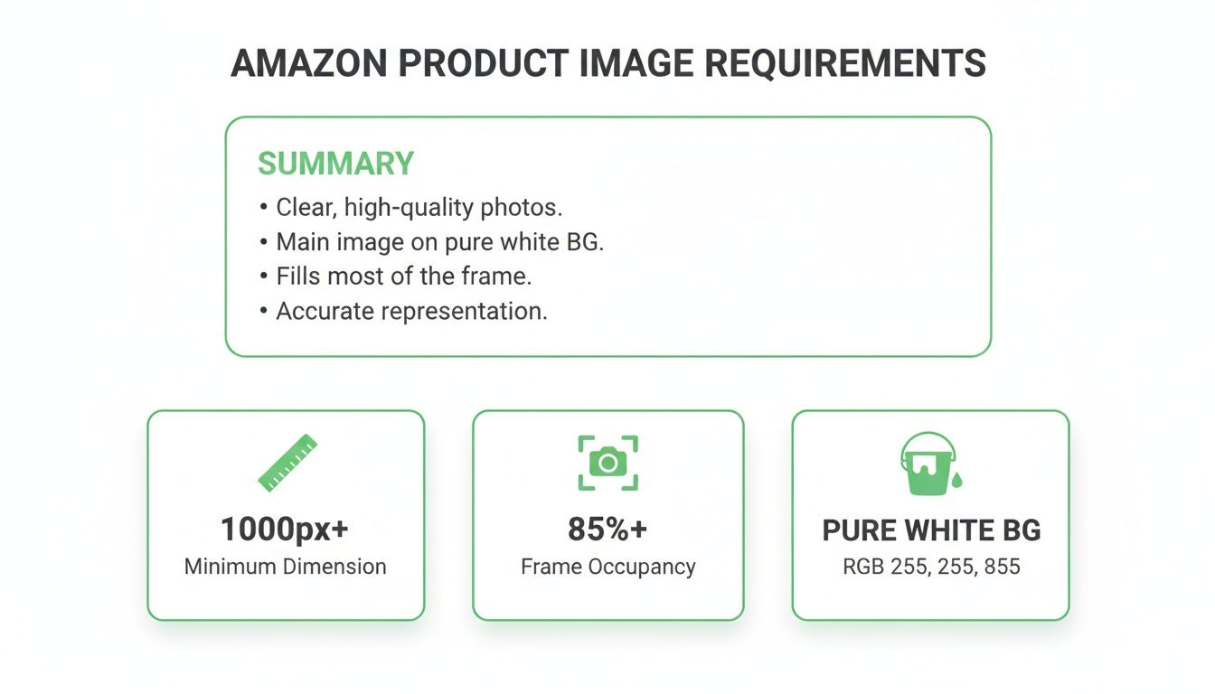 A clear summary of Amazon product image requirements, including minimum dimensions, frame occupancy, and pure white background.