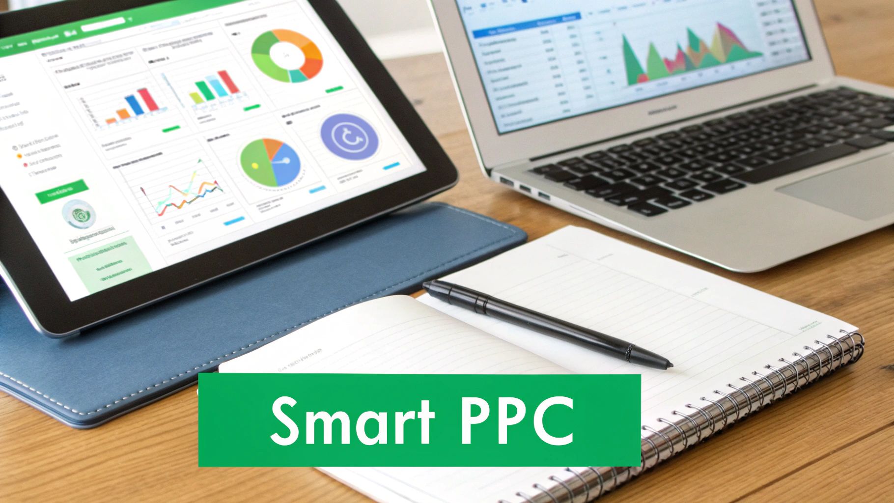 A professional workspace with a tablet and laptop displaying data charts, alongside a notebook and pen, with 'Smart PPC' text.