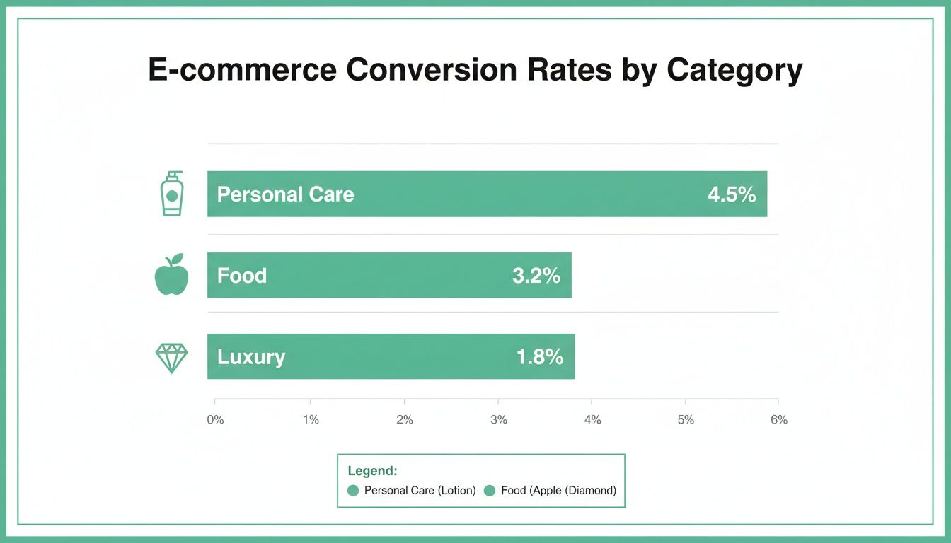 Horizontal bar chart displaying e-commerce conversion rates for Personal Care (4.5%), Food (3.2%), and Luxury (1.8%).