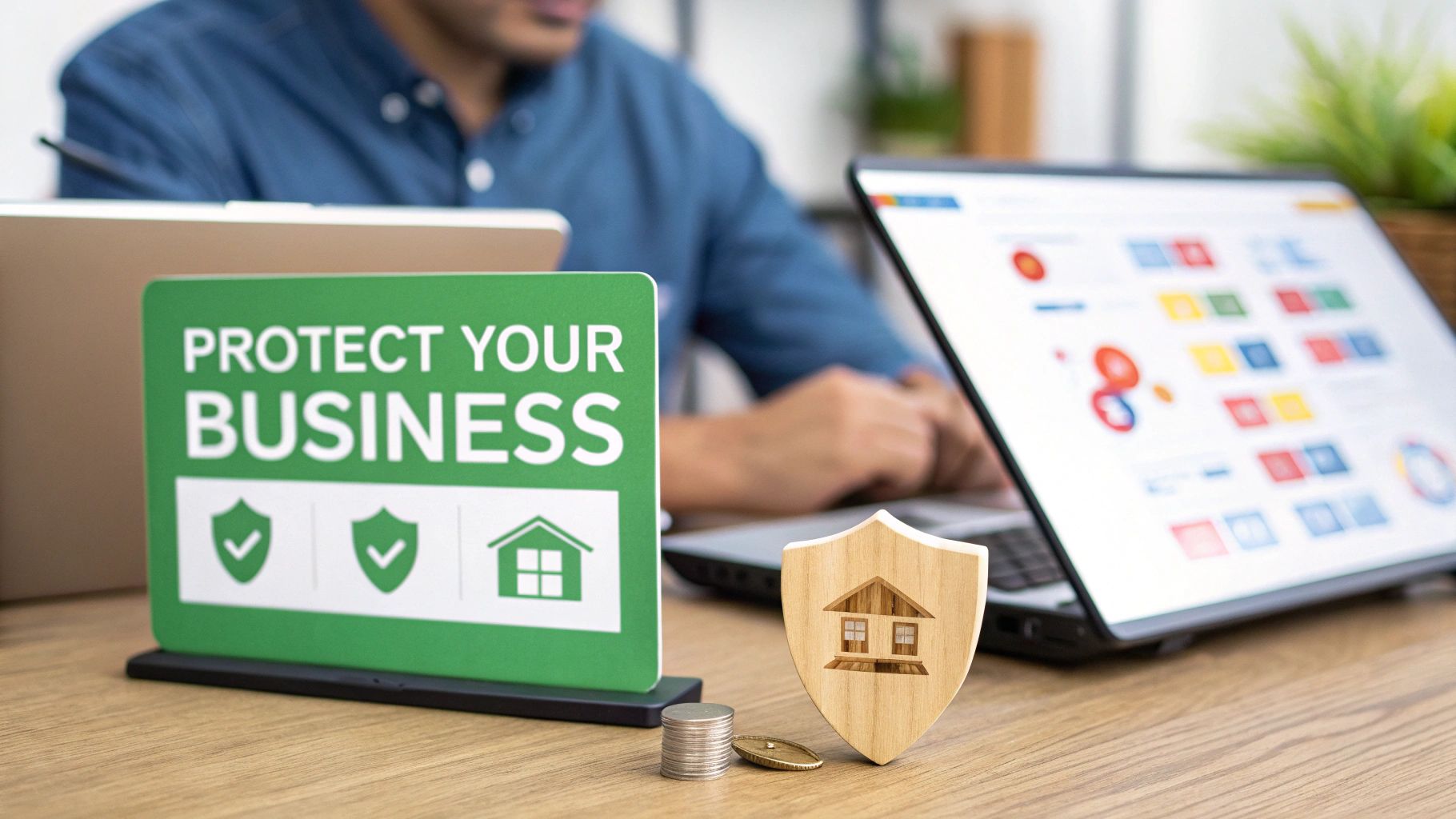 A 'Protect Your Business' sign, a shield with a house icon, and coins on a desk, symbolizing financial security.