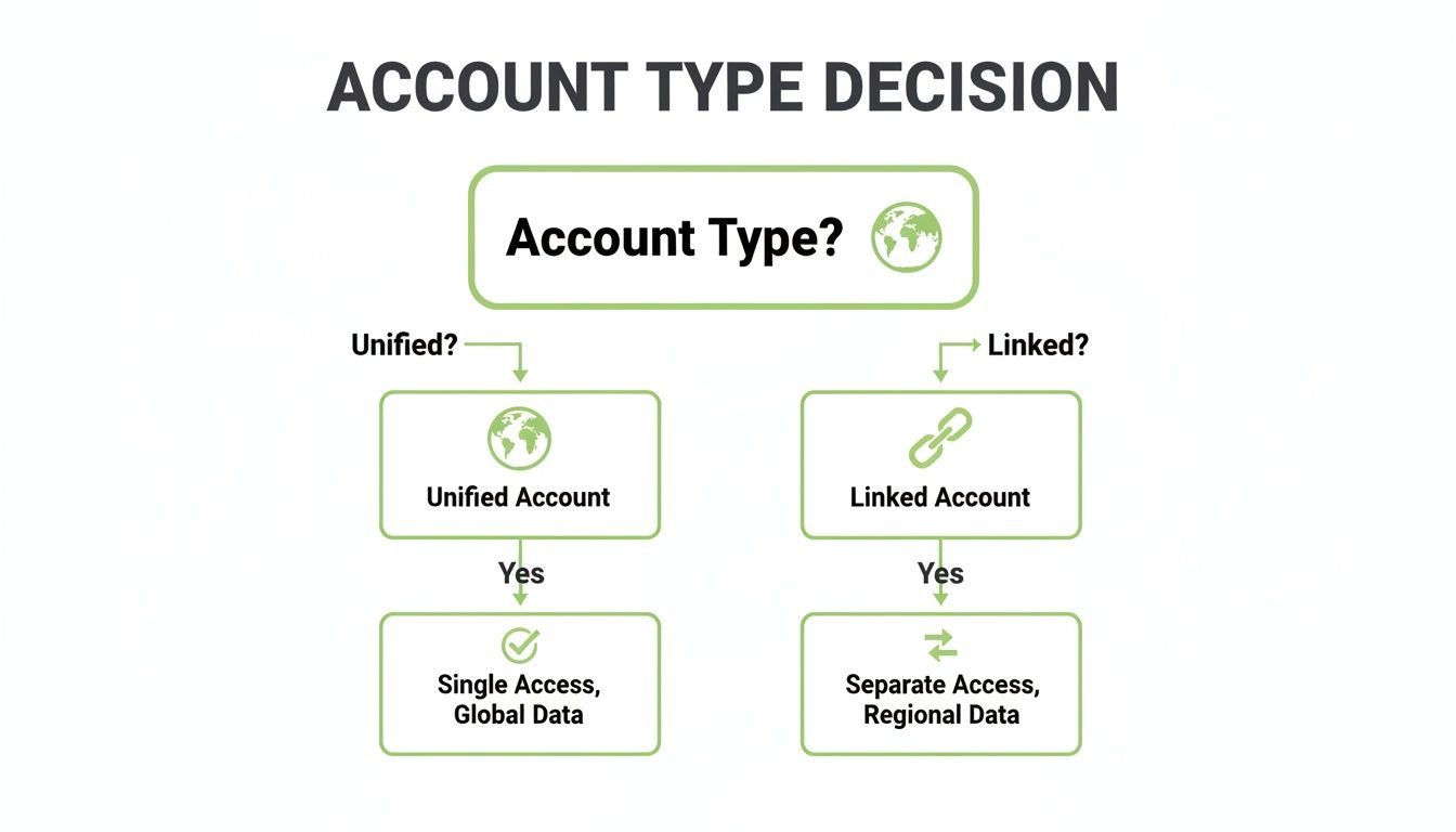 Flowchart explaining account type decision, differentiating between unified and linked accounts and their data access.
