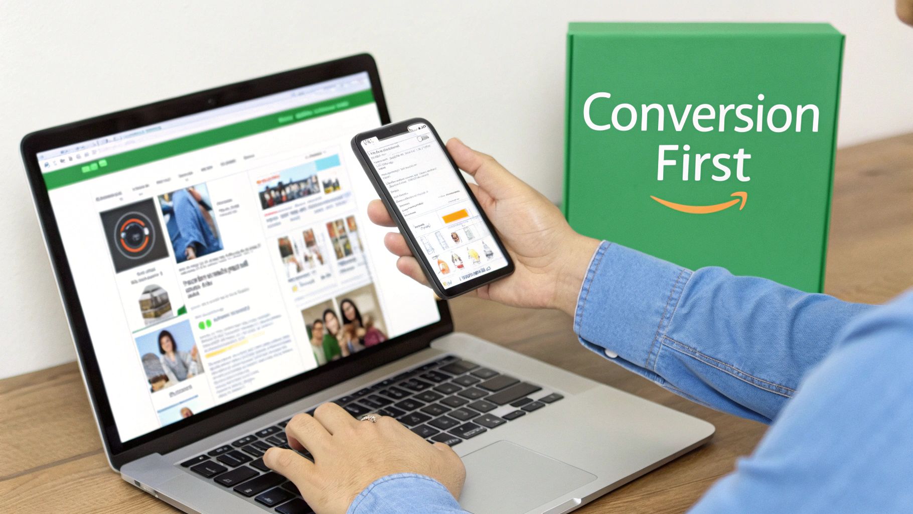A person uses a laptop and smartphone to browse an e-commerce site, with a 'Conversion First' Amazon box.