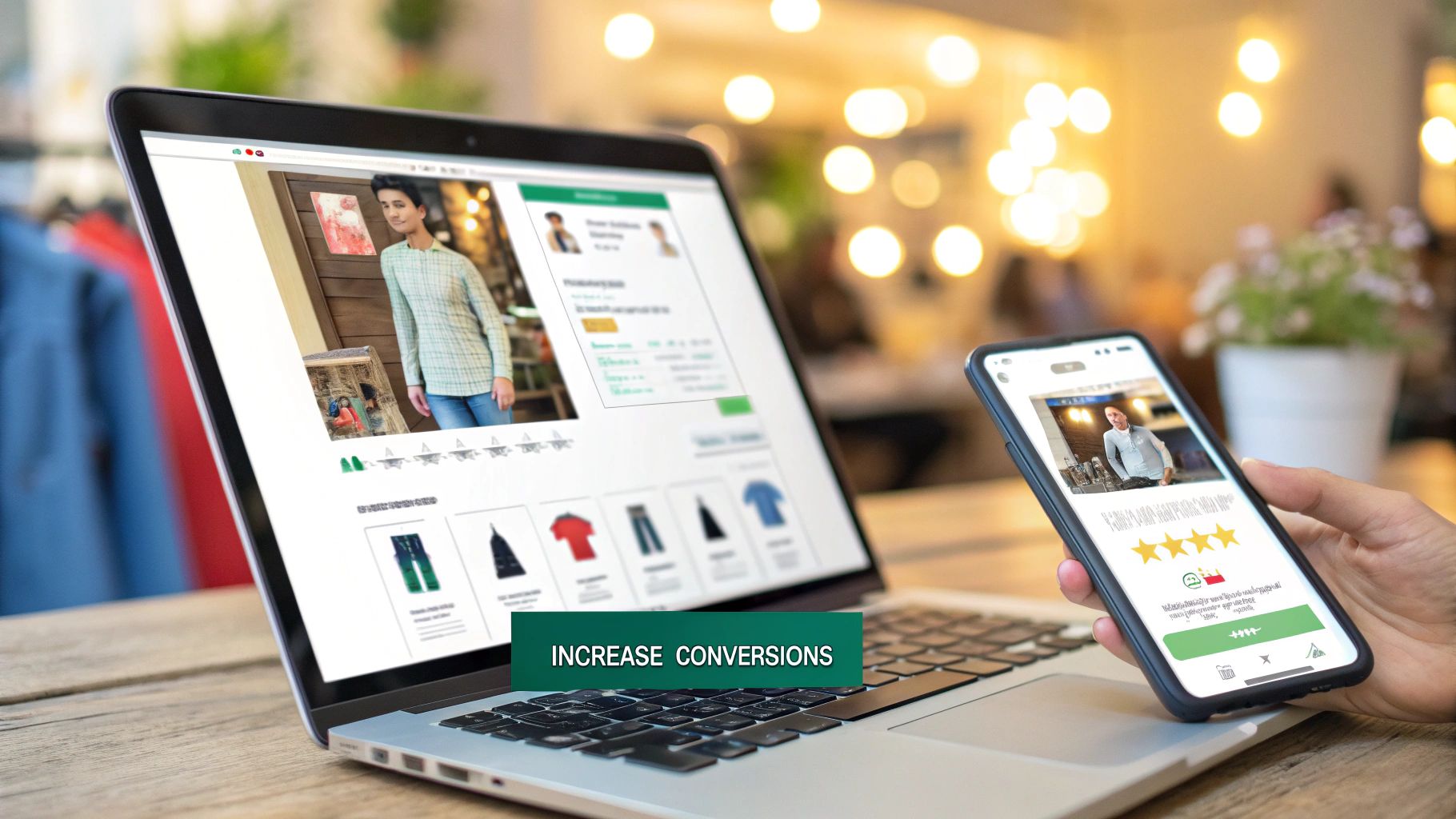 Laptop and smartphone displaying e-commerce product pages with clothing items and customer reviews.