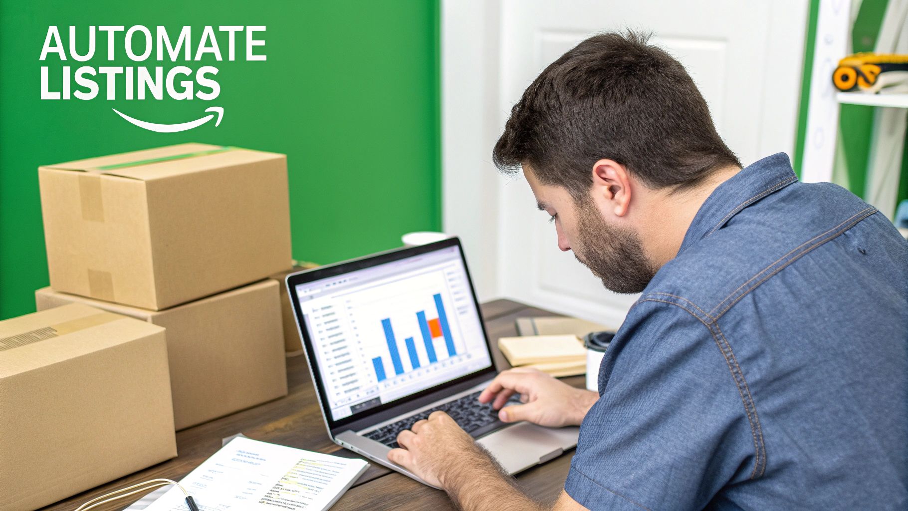 Man uses laptop for Amazon listing automation, surrounded by shipping boxes for e-commerce business.