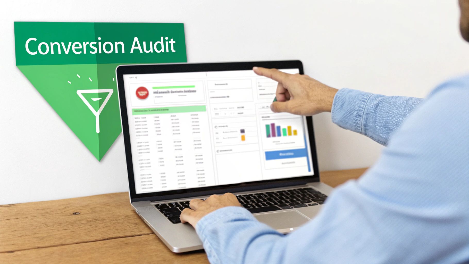 Person performing a conversion audit on a laptop, analyzing data and charts on the screen.