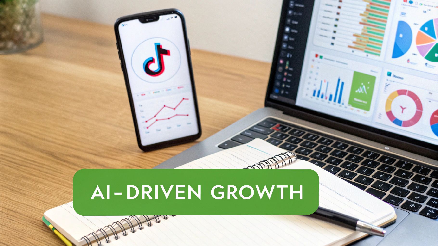 AI-driven growth concept with a phone displaying TikTok analytics and a laptop showing data.