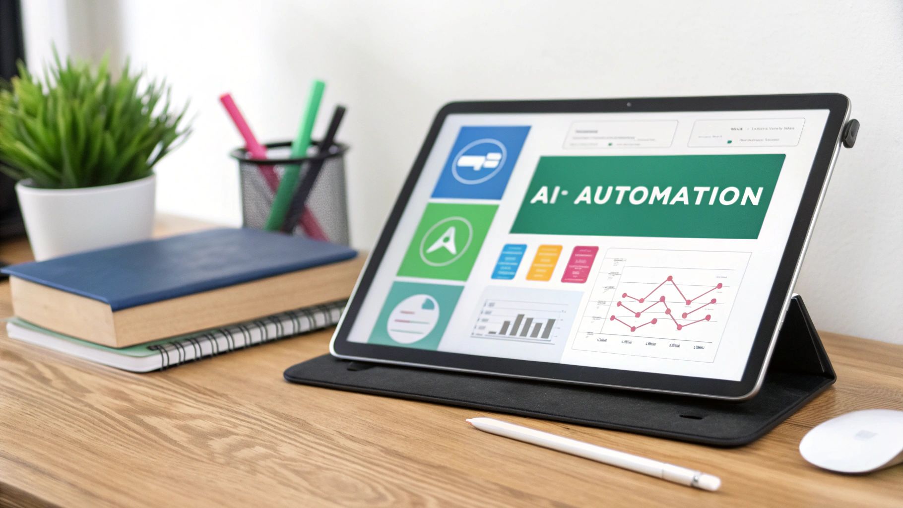 A tablet displaying 'AI Automation' dashboard with graphs and data, a stylus, and a mouse on a wooden desk.