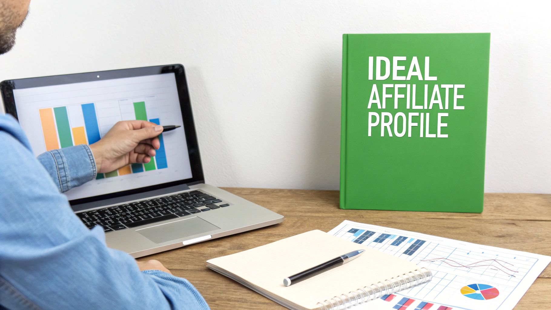 A person analyzes a bar chart on a laptop, with an "Ideal Affiliate Profile" book nearby.
