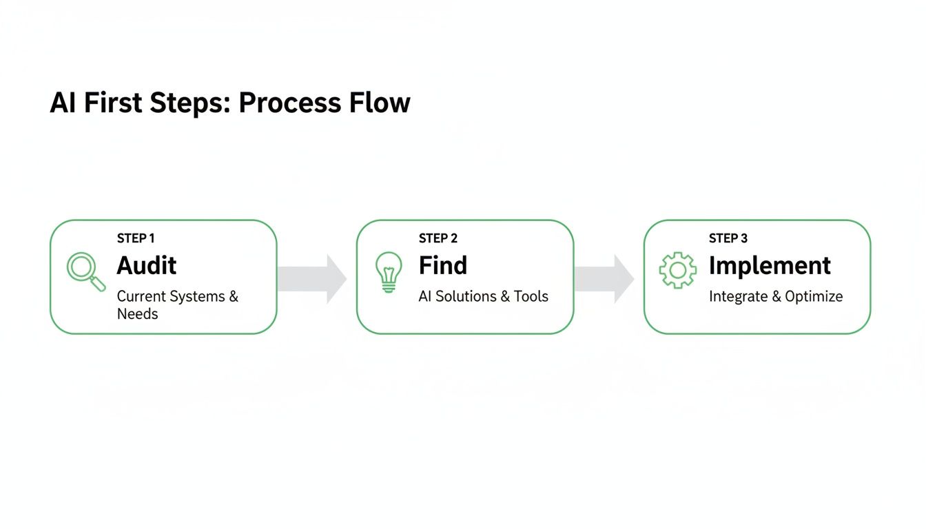 A three-step process flow for AI implementation outlining Audit, Find, and Implement stages.