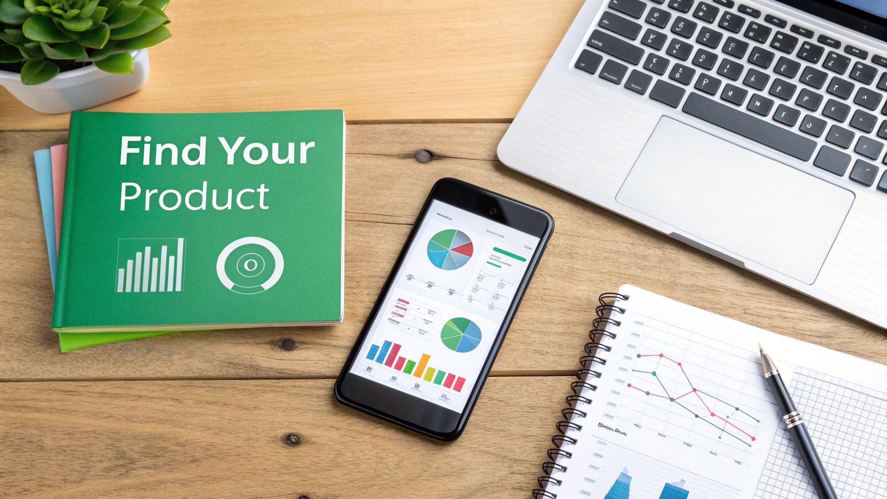 Flat lay of a desk with a 'Find Your Product' book, smartphone displaying data, laptop, and notebook.