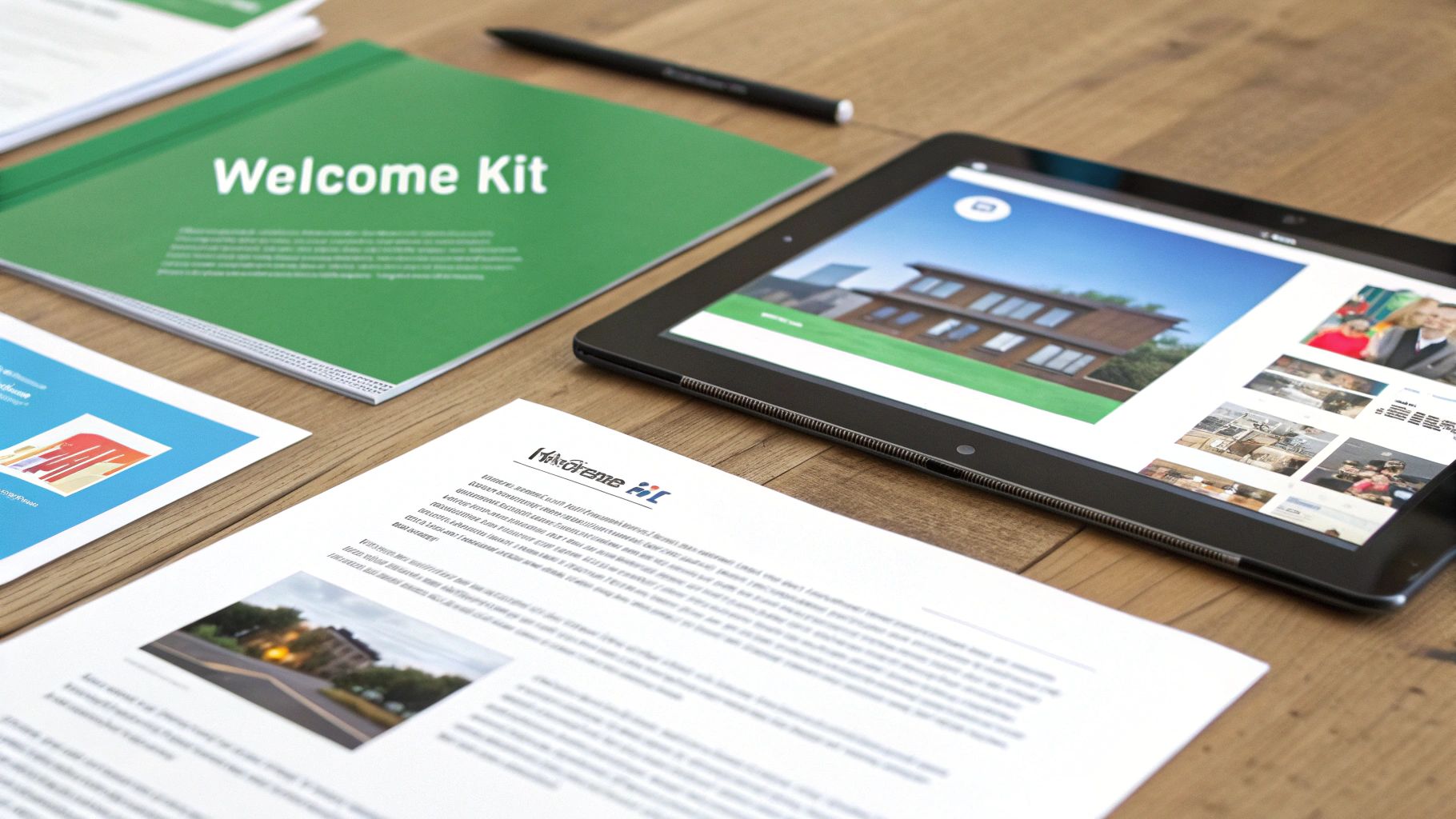 A 'Welcome Kit' binder, tablet with a house image, and documents on a wooden desk.