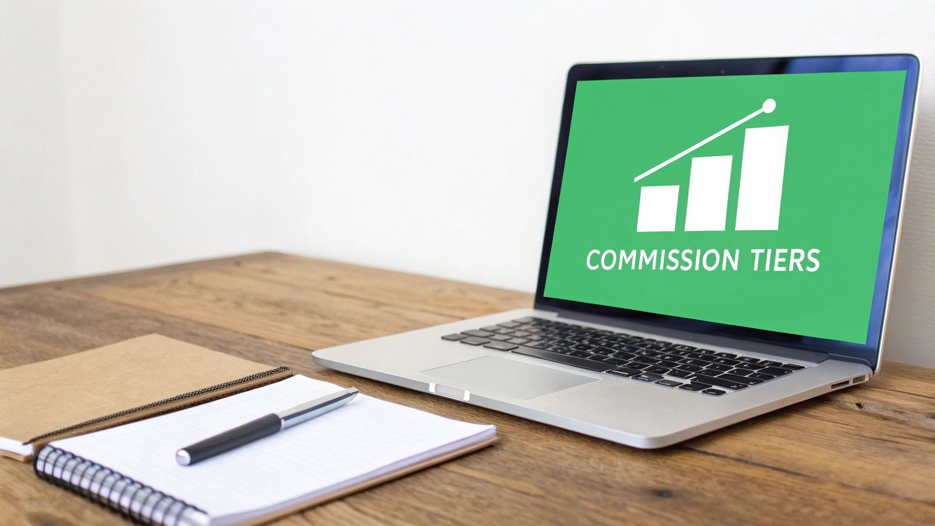 Laptop displaying 'COMMISSION TIERS' graph on a wooden desk with notebooks and a pen.