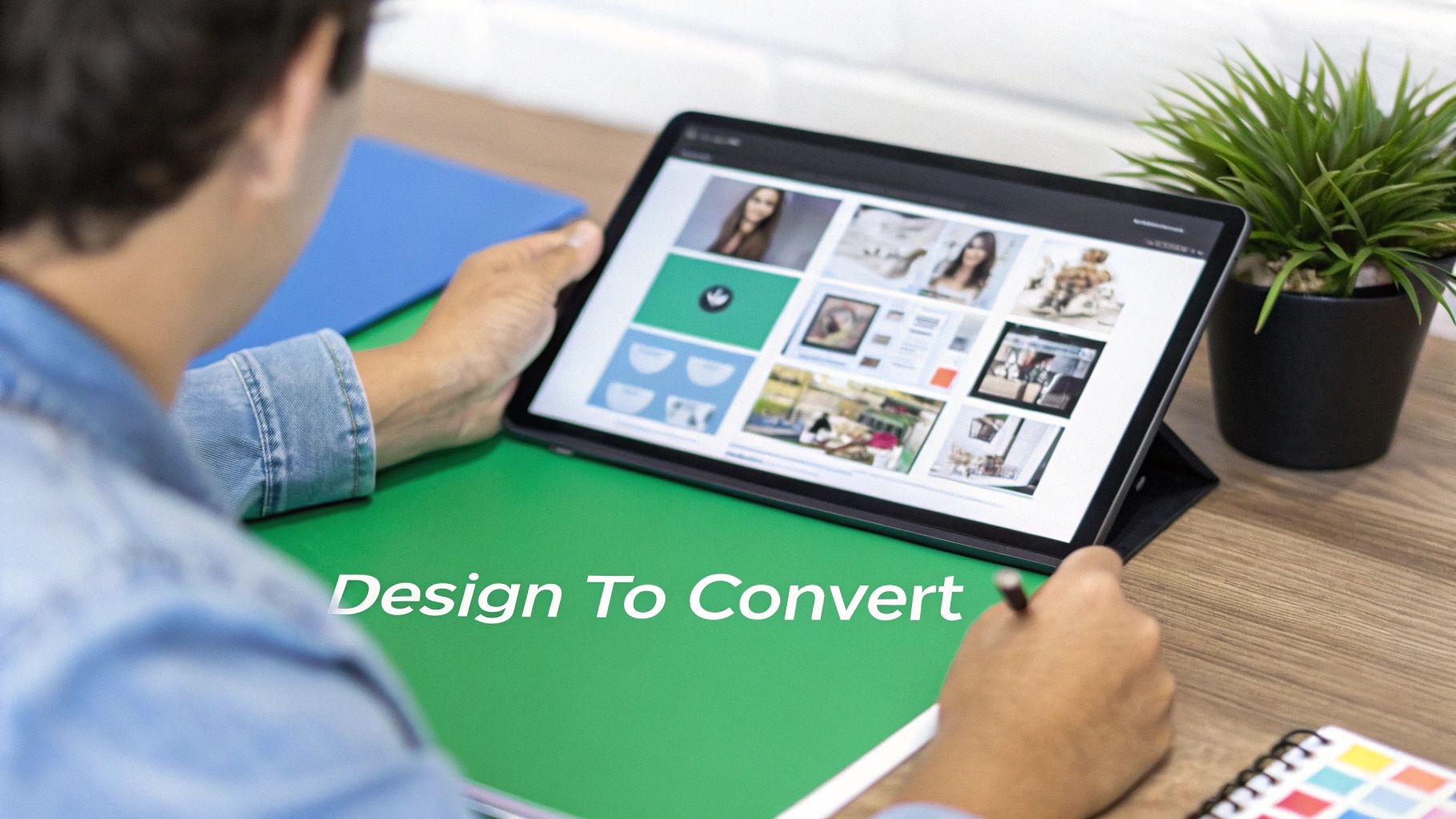 A person works on a tablet displaying design concepts, holding a stylus, illustrating 'Design To Convert'.