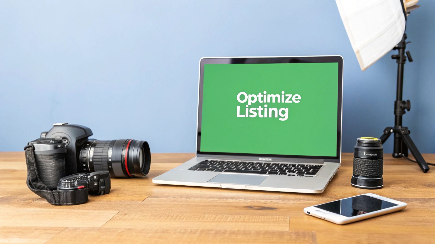 A camera, laptop showing 'Optimize Listing', smartphone, and photography gear on a wooden table.