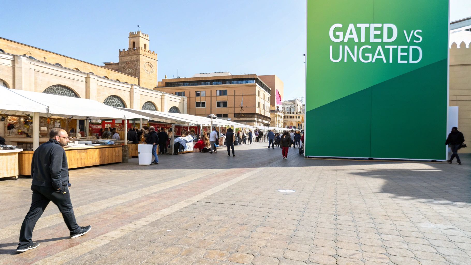 A bustling outdoor market scene with white tents, people, and a large green 'GATED vs UNGATED' sign.