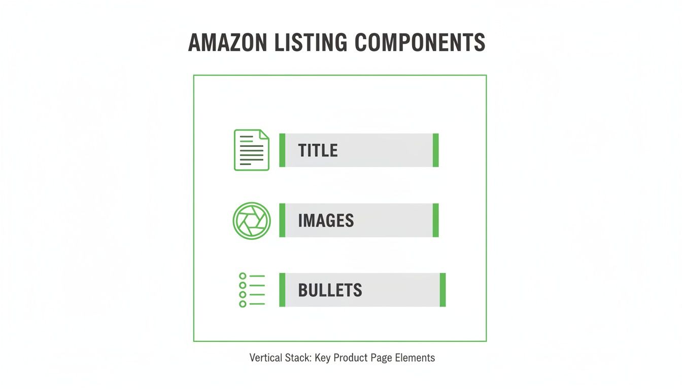 Diagram illustrating Amazon listing components: Title, Images, and Bullets, essential for product pages.