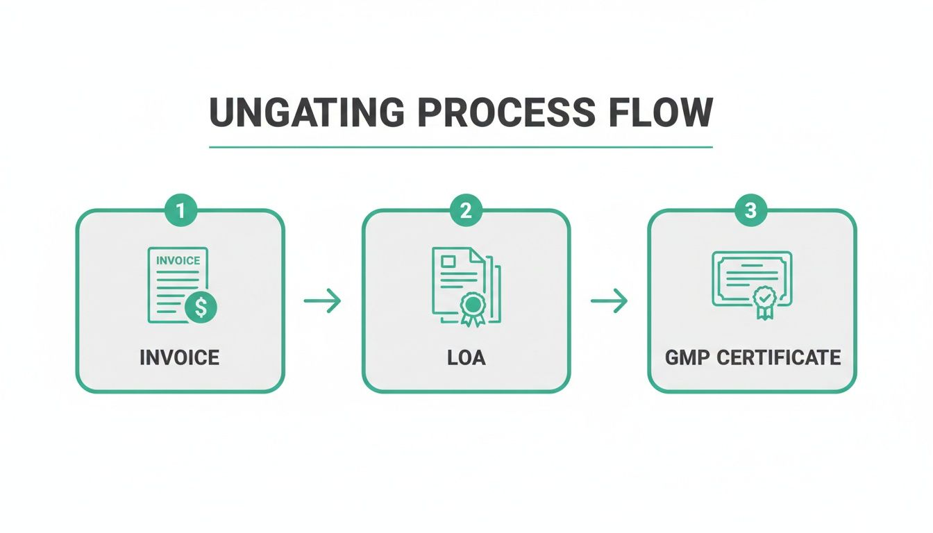 Detailed ungating process flow diagram showing required documents: Invoice, LOA, and GMP Certificate.
