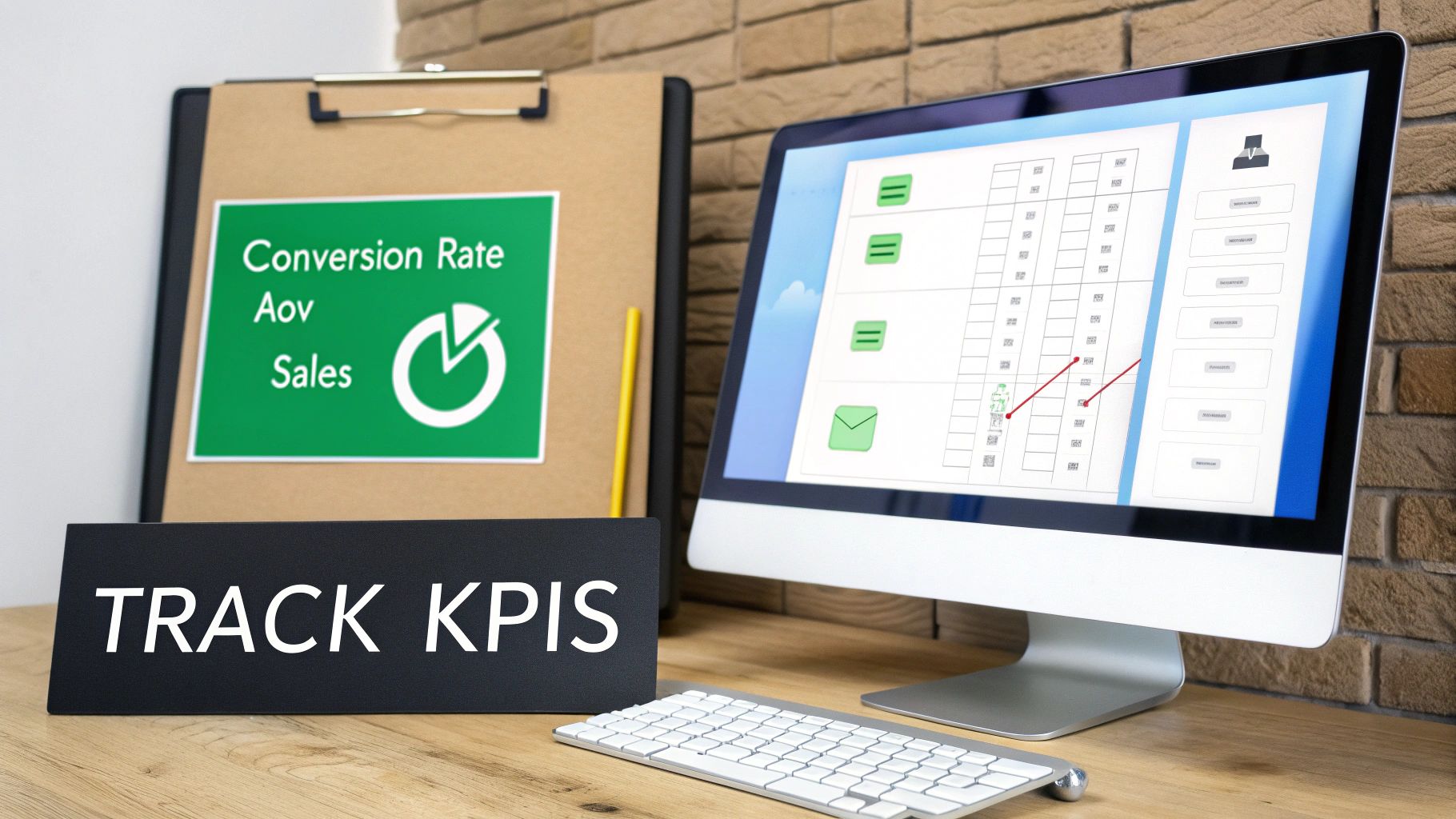 A desk with a monitor displaying data, a clipboard showing sales metrics, and a sign 'TRACK KPIS'.