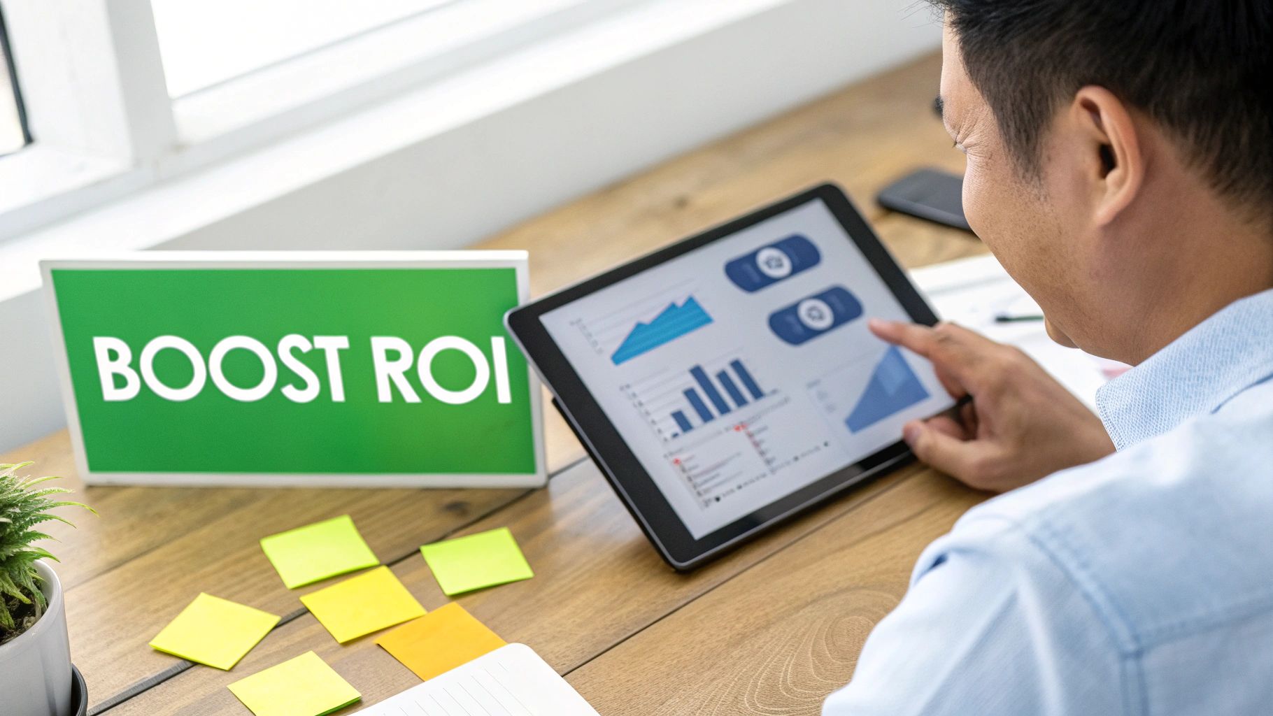 A person analyzing business data and charts on a tablet next to a 'BOOST ROI' sign.
