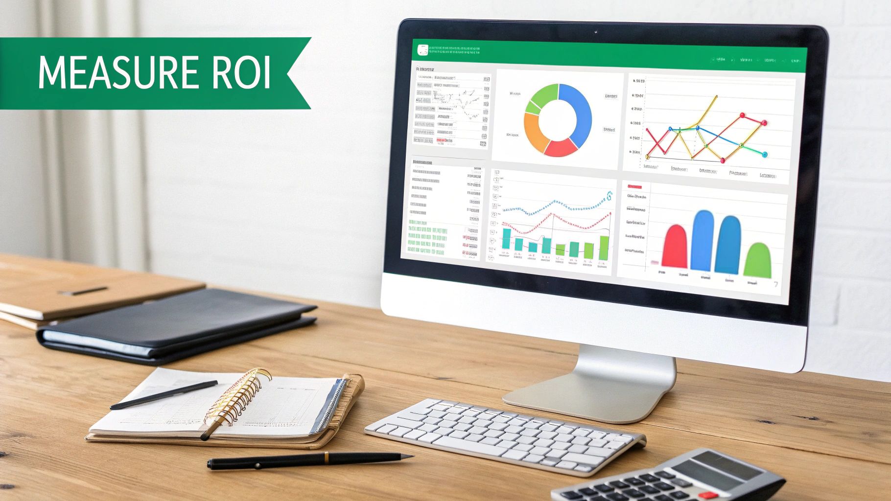 A desk with a computer displaying a dashboard with charts and graphs for ROI measurement.