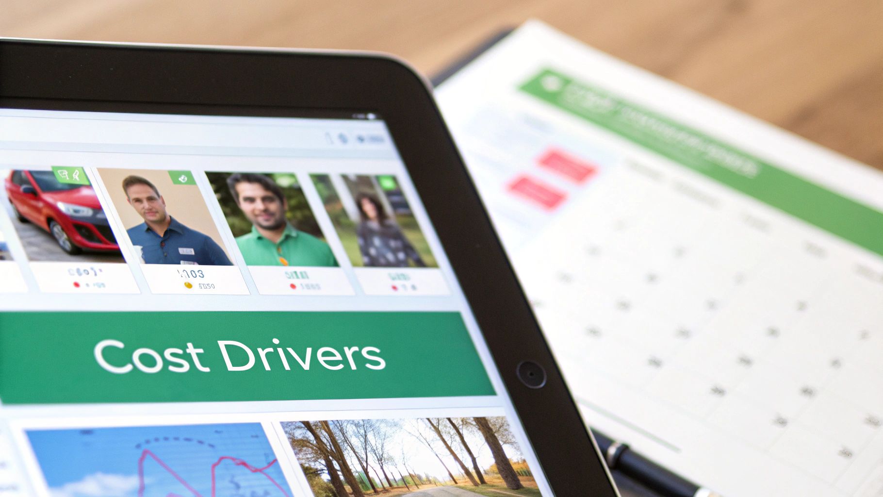 A tablet displays 'Cost Drivers' with images of people and a car, alongside a blurred calendar.
