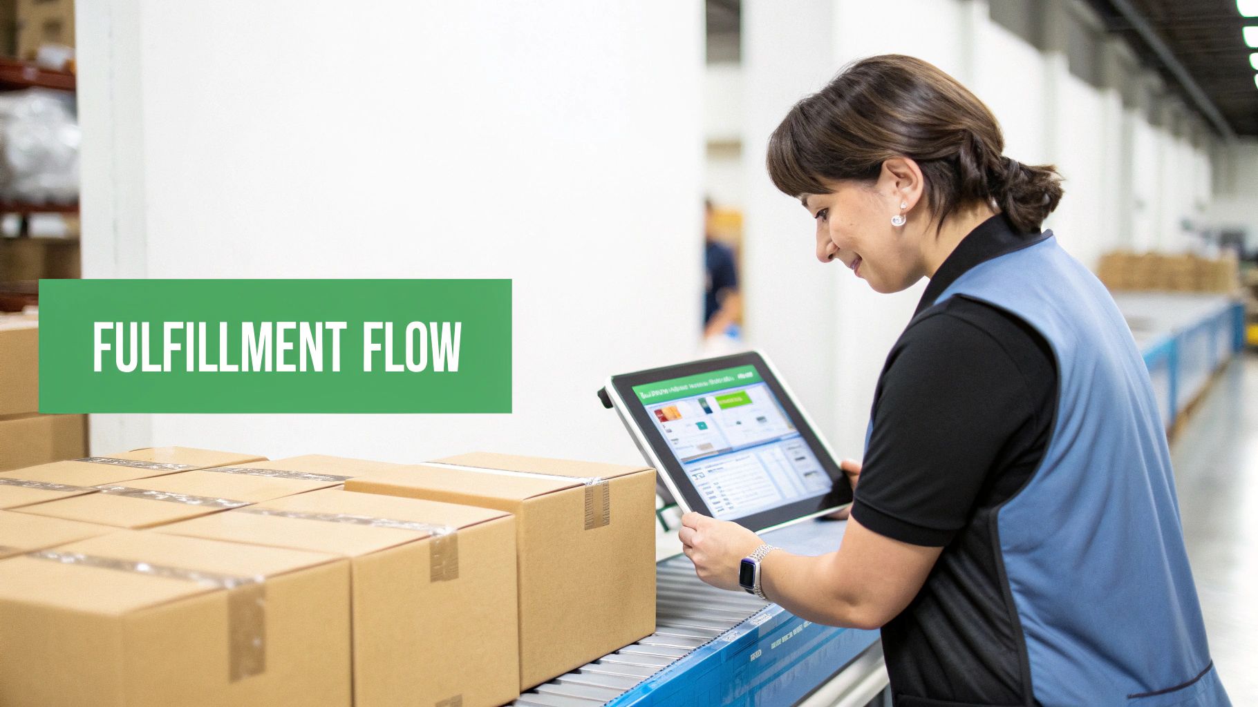 A smiling woman in a warehouse uses a tablet to manage packages on a conveyor belt.