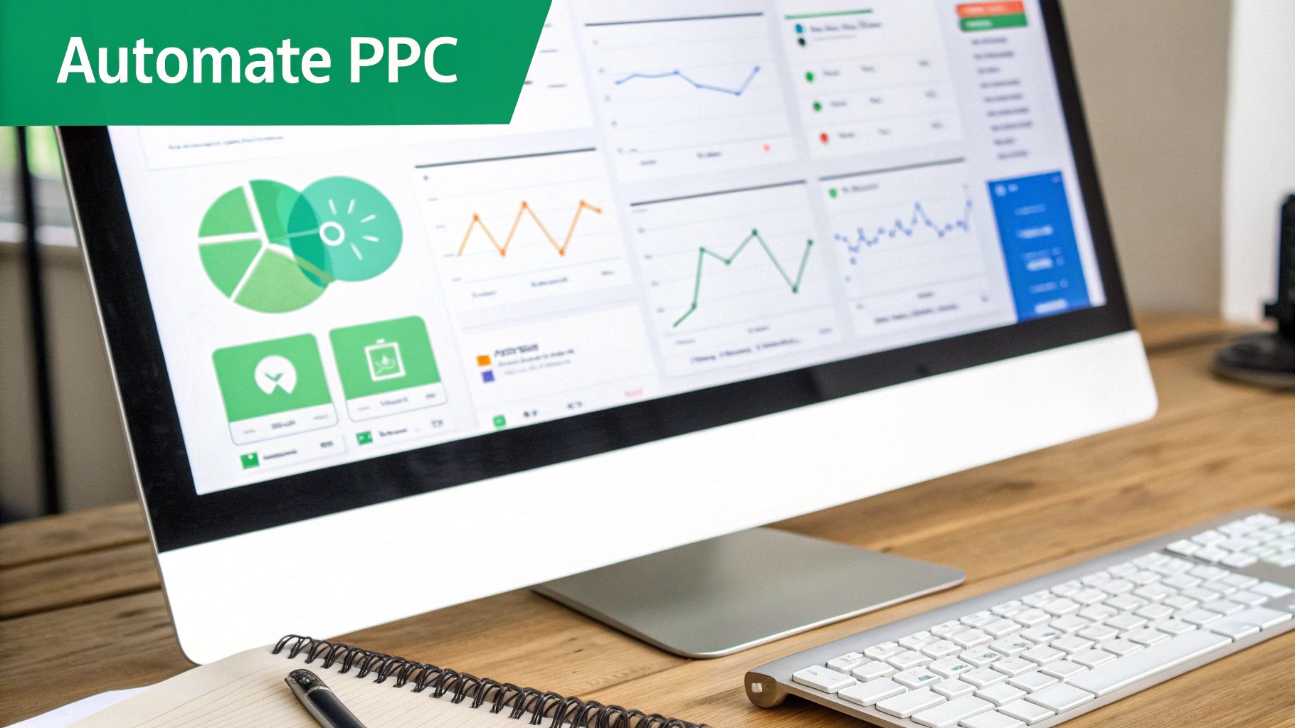 Computer screen displaying an analytics dashboard with charts and graphs for automated PPC campaign optimization.
