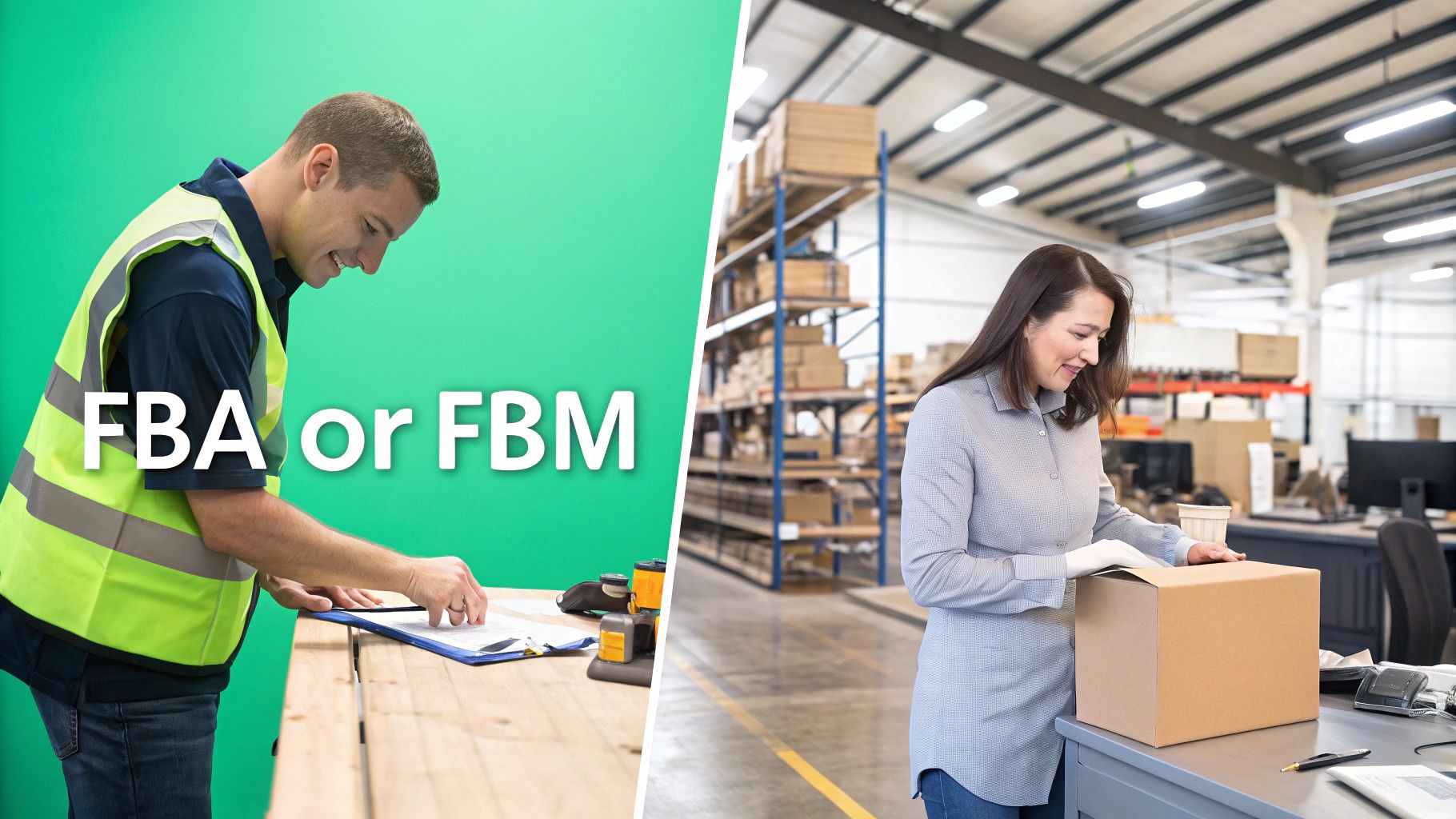 Man in high-vis vest with FBA text, and woman packing box in warehouse with FBM text.