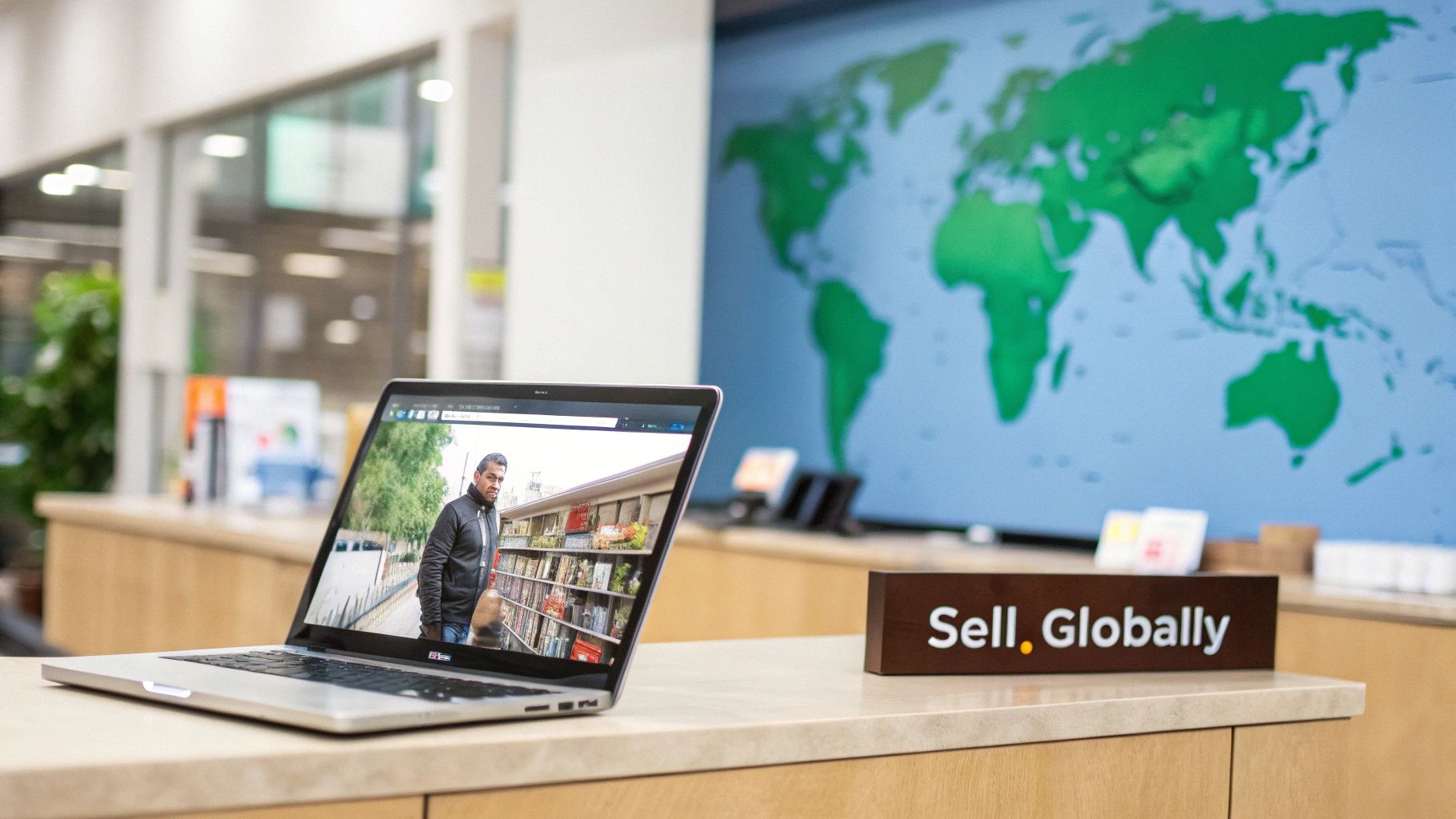 A laptop showing a shopper, next to a 'Sell. Globally' sign and a world map in a modern office.