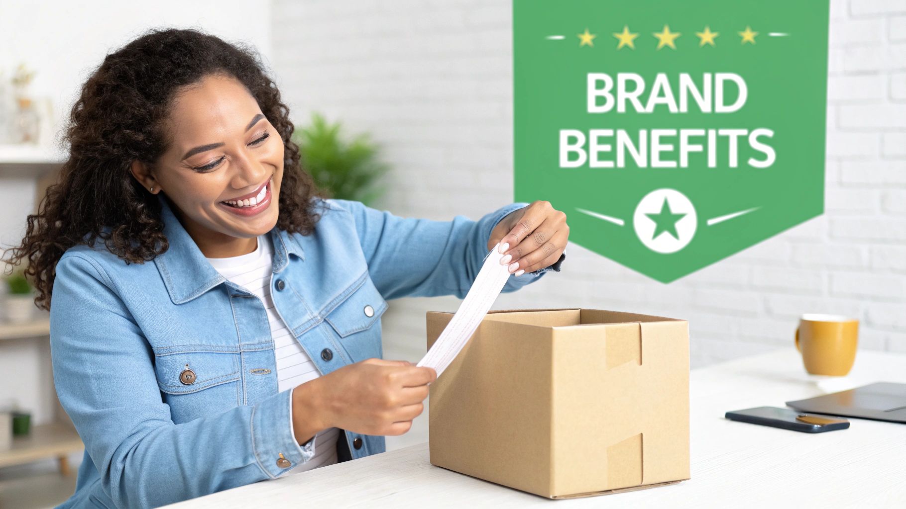 A happy woman unboxes a package, pulling out a white strip, with a 'BRAND BENEFITS' banner in the background.