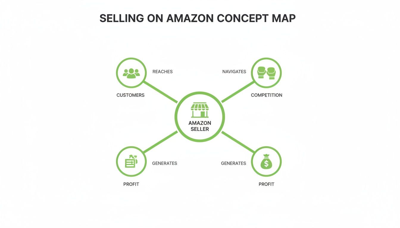 A concept map illustrates an Amazon seller reaching customers, navigating competition, and generating profit.