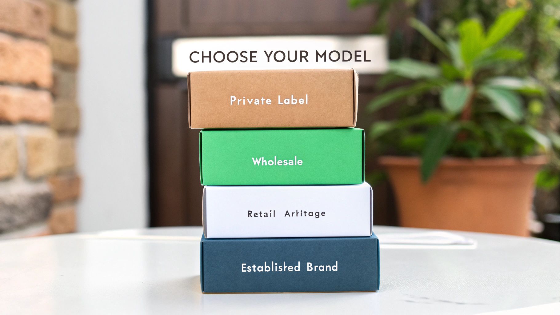 A stack of four colored boxes displaying different Amazon selling models: Private Label, Wholesale, Retail Arbitrage, and Established Brand.