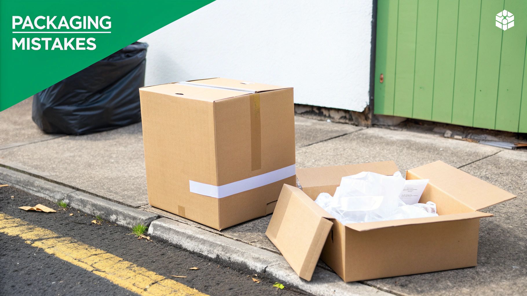 Cardboard boxes on a sidewalk, one open with crumpled paper, highlighting packaging mistakes.