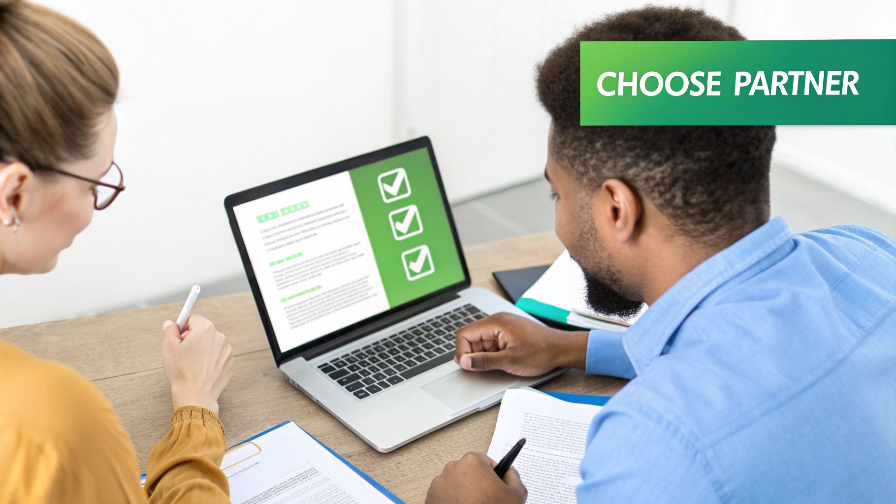 Two professionals review a digital checklist on a laptop, collaborating on a project or task.