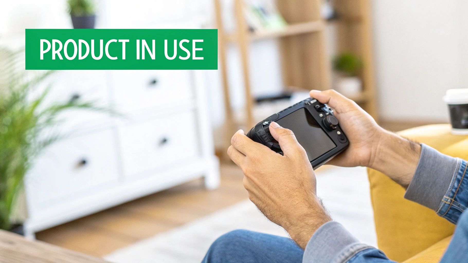 Hands holding a black digital camera, reviewing images on its screen in a home setting.