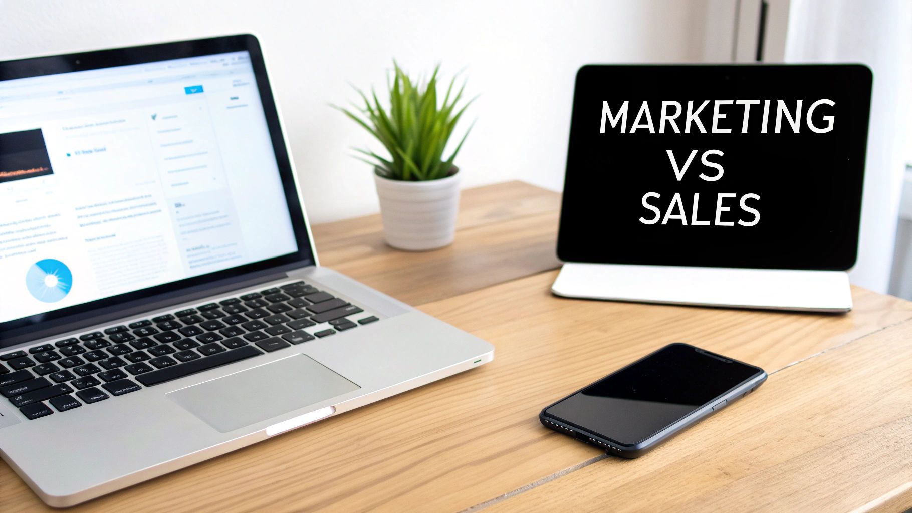 Modern office desk with a laptop, a tablet showing 'Marketing vs Sales', and a smartphone.
